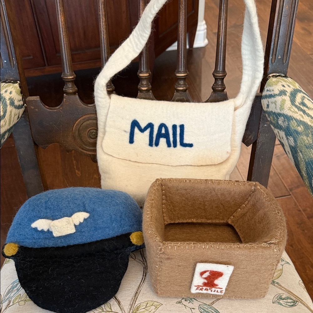 West Elm Cream Felt Mailbag with Blue and Black Play Accessories